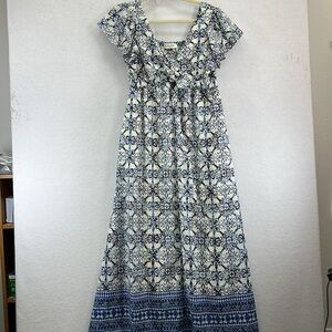 Taylor Women’s Maxi Sz 12 Blue/White  Smocked Elastic Back Polyester Boho NWT
